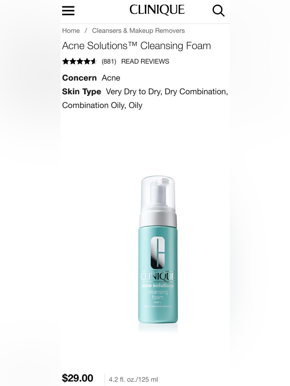 Clinique Acne Solutions Cleansing Foam - Mint 125ML